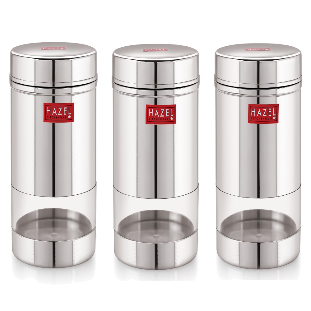 HAZEL Stainless Steel Transparent Wide Mouth See Through Container, Silver, Set of 3, 600 Ml