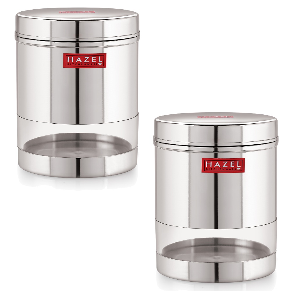 HAZEL Stainless Steel Transparent Wide Mouth See Through Container, Silver, Set of 2, 600 Ml