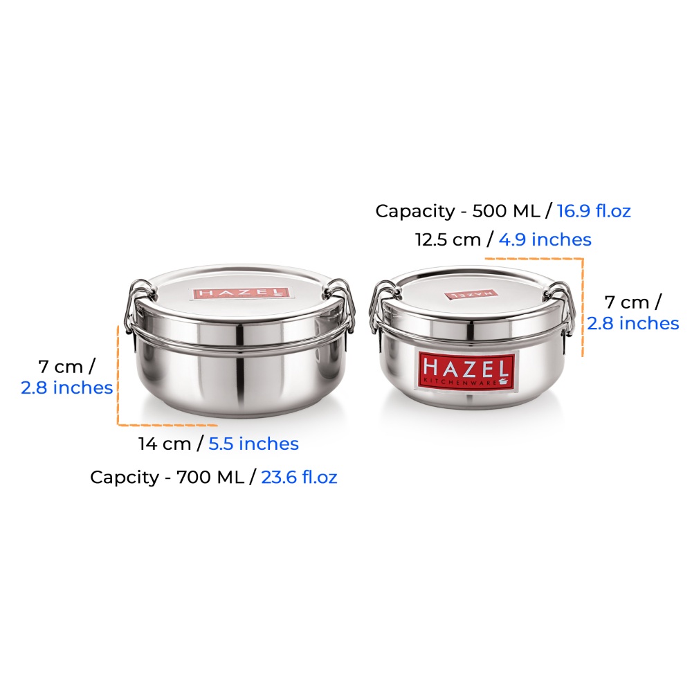 HAZEL Stainless Steel Traditional Design Tiffin Lunch Container with Locking Clip Set of 2, 500 & 700 ML