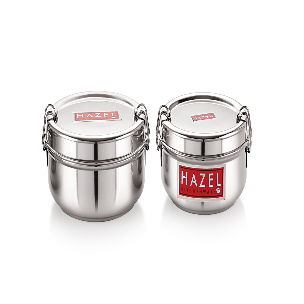 HAZEL Stainless Steel Traditional Design Tiffin Lunch Container with Locking Clip Set of 2, 500 & 700 ML