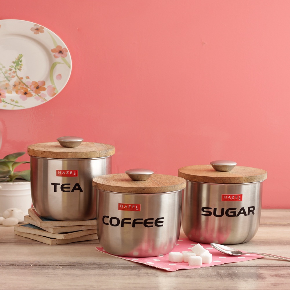 HAZEL Stainless Steel Round Tea/Coffee/Sugar Jars With Wood Lid And Knob, Set of 3, 1325ML, Silver.