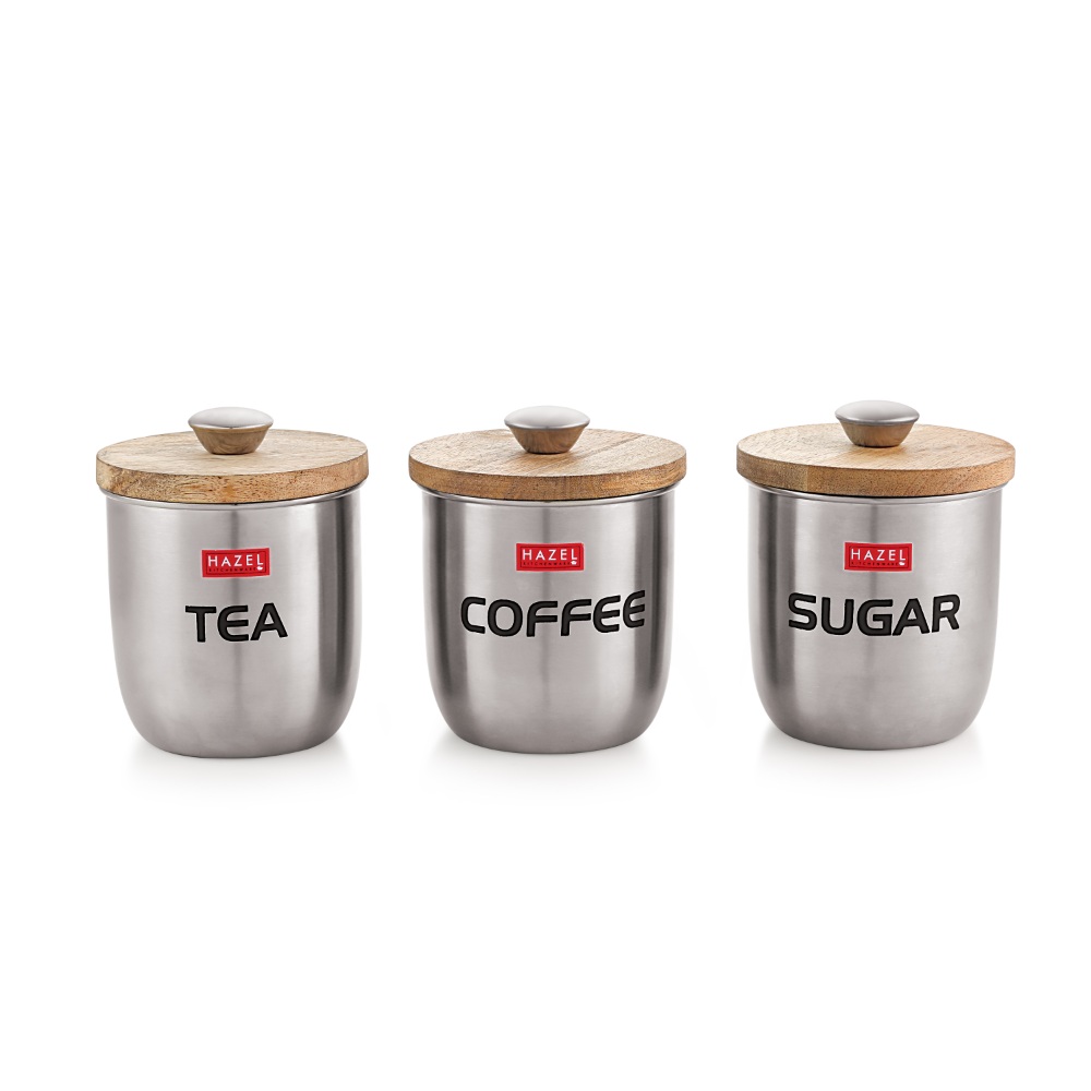 HAZEL Stainless Steel Round Tea/Coffee/Sugar Jars With Wood Lid And Knob, Set of 3, 1325ML, Silver.