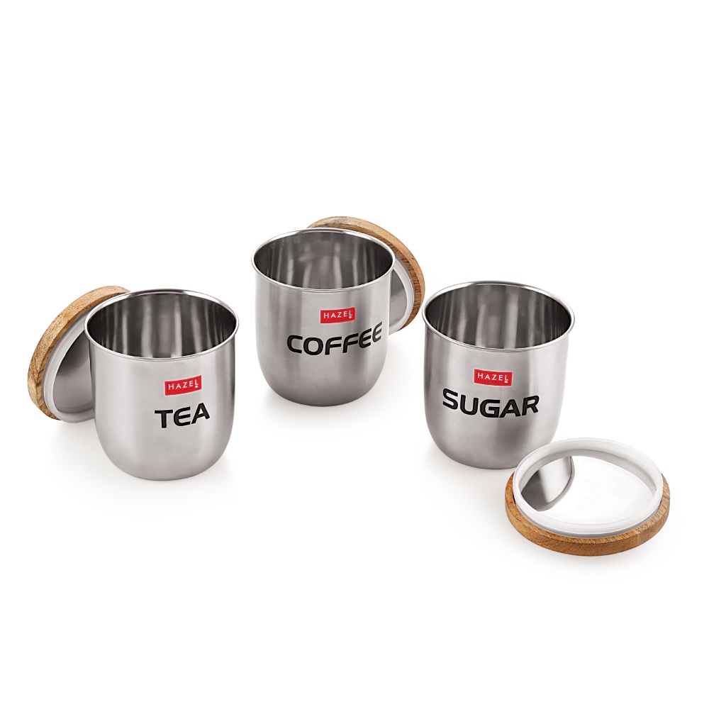 HAZEL Stainless Steel Round Tea/Coffee/Sugar Jars With Wood Lid And Knob, Set of 3, 1325ML, Silver.