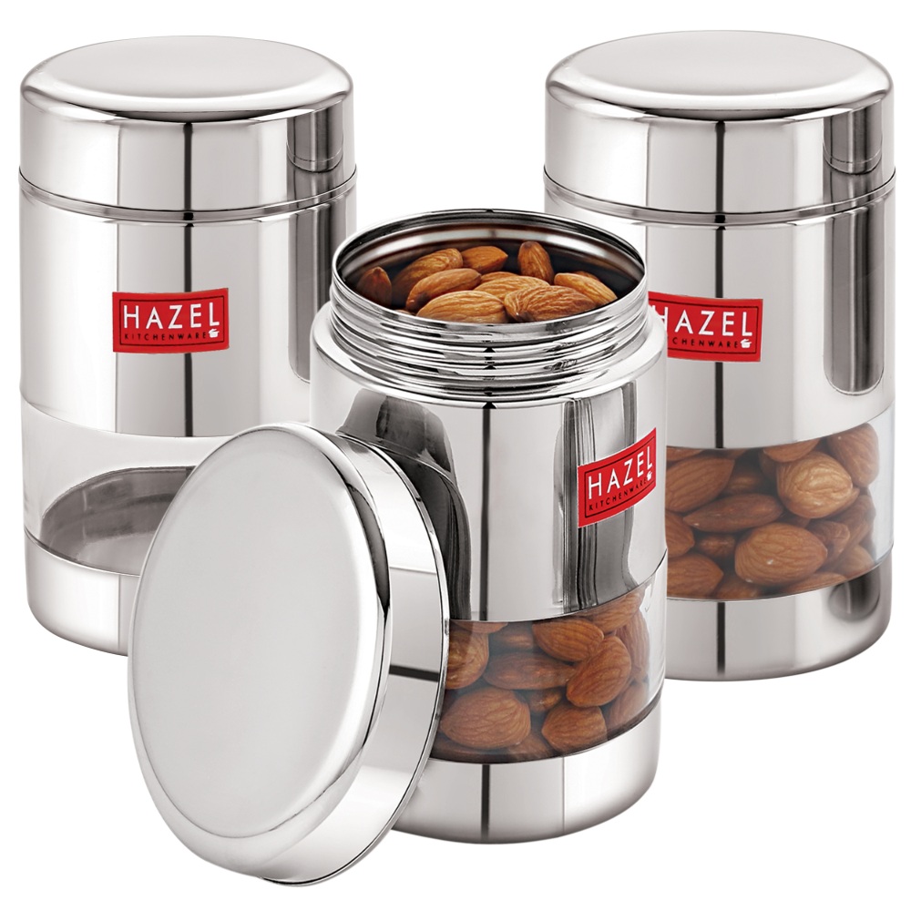 HAZEL Stainless Steel Transparent Glossy See Through Container, Silver, Set of 3, 400 ML