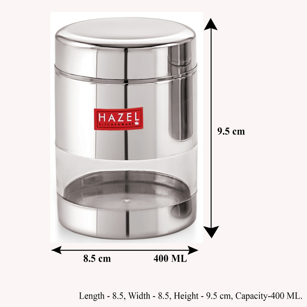 HAZEL Stainless Steel Transparent Glossy See Through Container, Silver, Set of 3, 400 ML