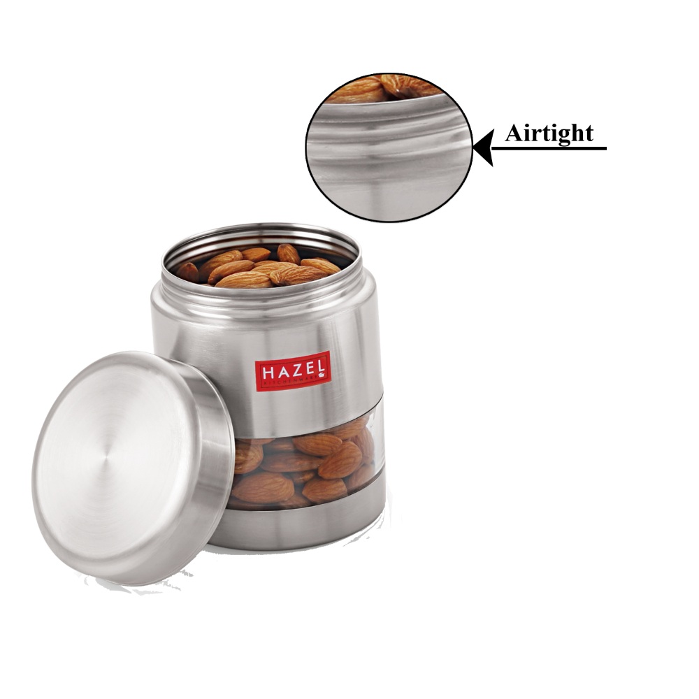 HAZEL Stainless Steel Transparent Matt Finish See Through Container Set of 2, Silver, 500 ML Each
