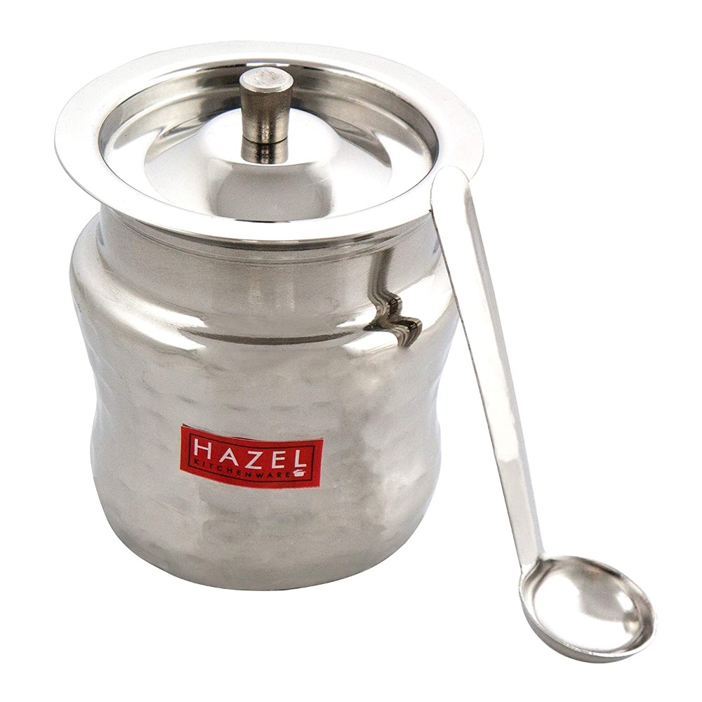 HAZEL Stainless Steel Damaru Hammered Finish Oil Ghee Pot, 400 ml, Silver