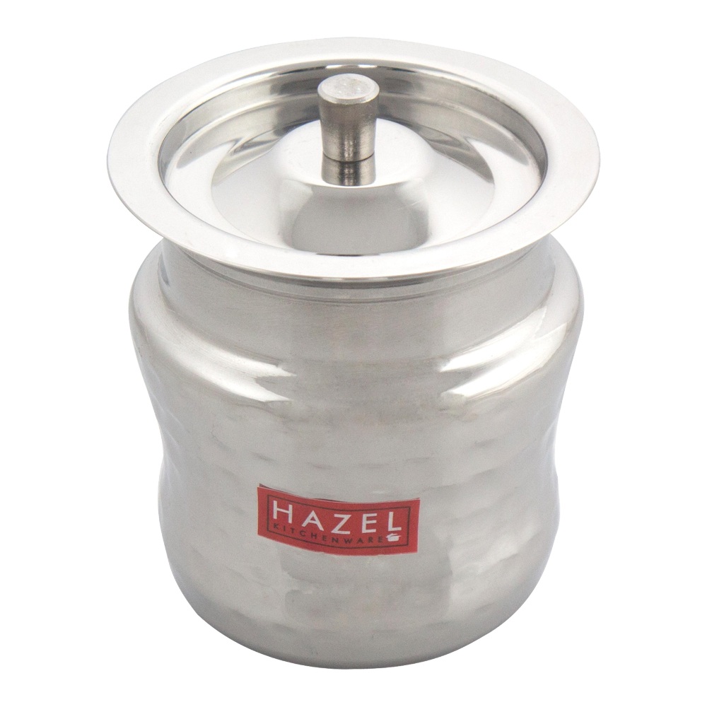 HAZEL Stainless Steel Damaru Hammered Finish Oil Ghee Pot, 400 ml, Silver