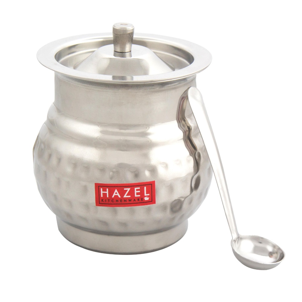 HAZEL Stainless Steel Belly Hammered Finish Oil Ghee Pot, 450 ml, Silver