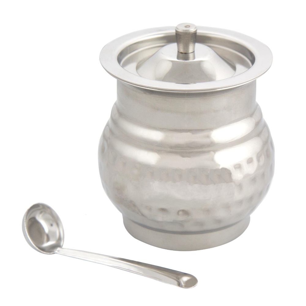 HAZEL Stainless Steel Belly Hammered Finish Oil Ghee Pot, 450 ml, Silver