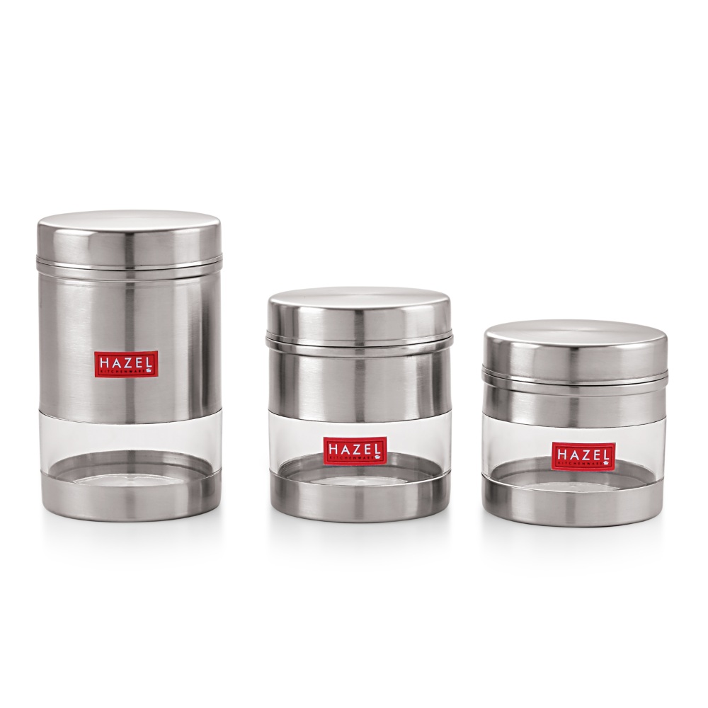 HAZEL Stainless Steel Transparent See Through Container Set of 3, Silver, 350 Ml - 600 Ml Each