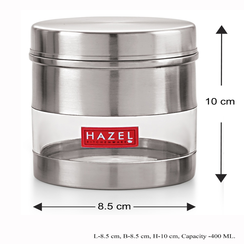 HAZEL Stainless Steel Transparent See Through Container Set of 3, Silver, 350 Ml - 600 Ml Each