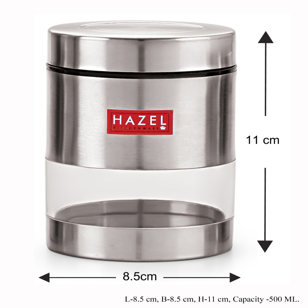 HAZEL Stainless Steel Transparent See Through Container Set of 2, Silver, 500 ML Each