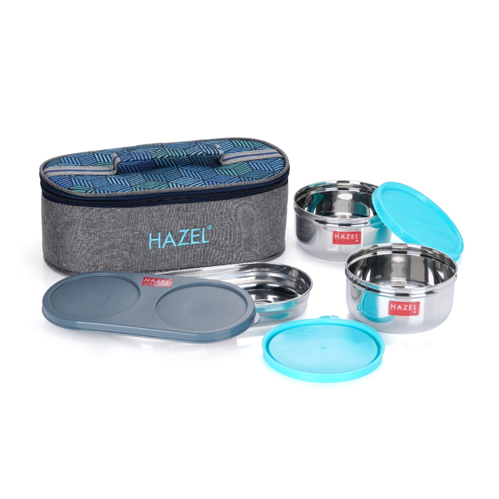 HAZEL Stainless Steel Lunch Box for Office Men & Women with Lunch Box Bag | Steel Tiffin Boxes for Lunch Set of 3 Air Tight Tiffin Boxes Leak Proof Containers 2 Pc 450 ML Each with Roti Chapati Dabba