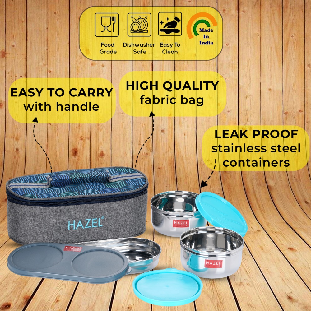 HAZEL Stainless Steel Lunch Box for Office Men & Women with Lunch Box Bag | Steel Tiffin Boxes for Lunch Set of 3 Air Tight Tiffin Boxes Leak Proof Containers 2 Pc 450 ML Each with Roti Chapati Dabba
