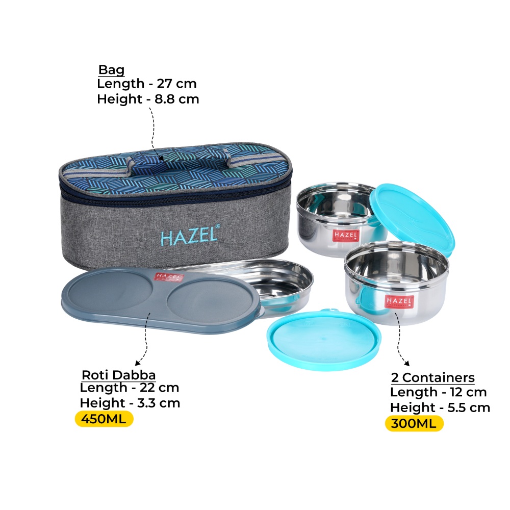 HAZEL Stainless Steel Lunch Box for Office Men & Women with Lunch Box Bag | Steel Tiffin Boxes for Lunch Set of 3 Air Tight Tiffin Boxes Leak Proof Containers 2 Pc 450 ML Each with Roti Chapati Dabba