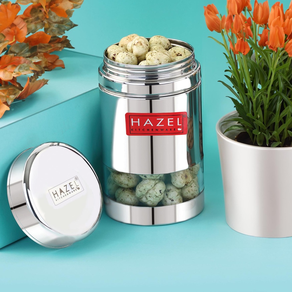HAZEL Stainless Steel See Through Transparent Container | Kitchen Air Tight Storage Dabba Container, 600 ML