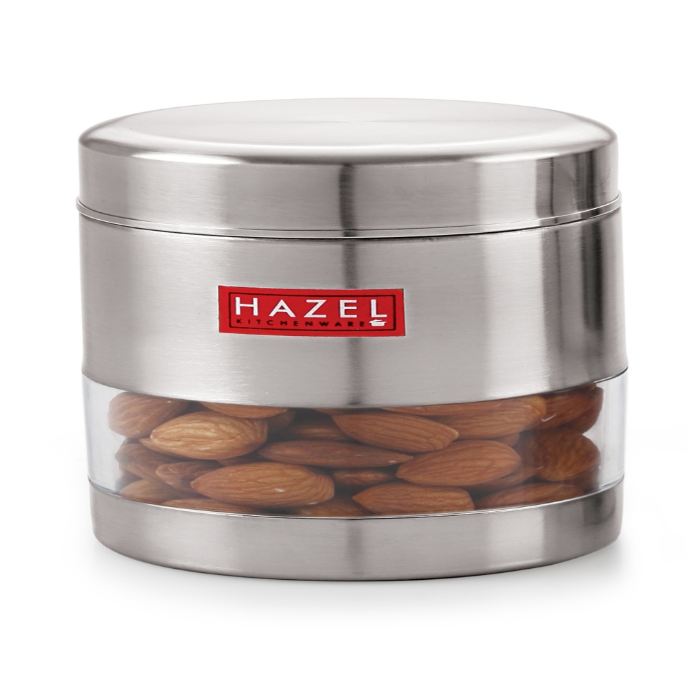 HAZEL Stainless Steel Transparent Matt Finish See Through Container, Silver, 500 ML