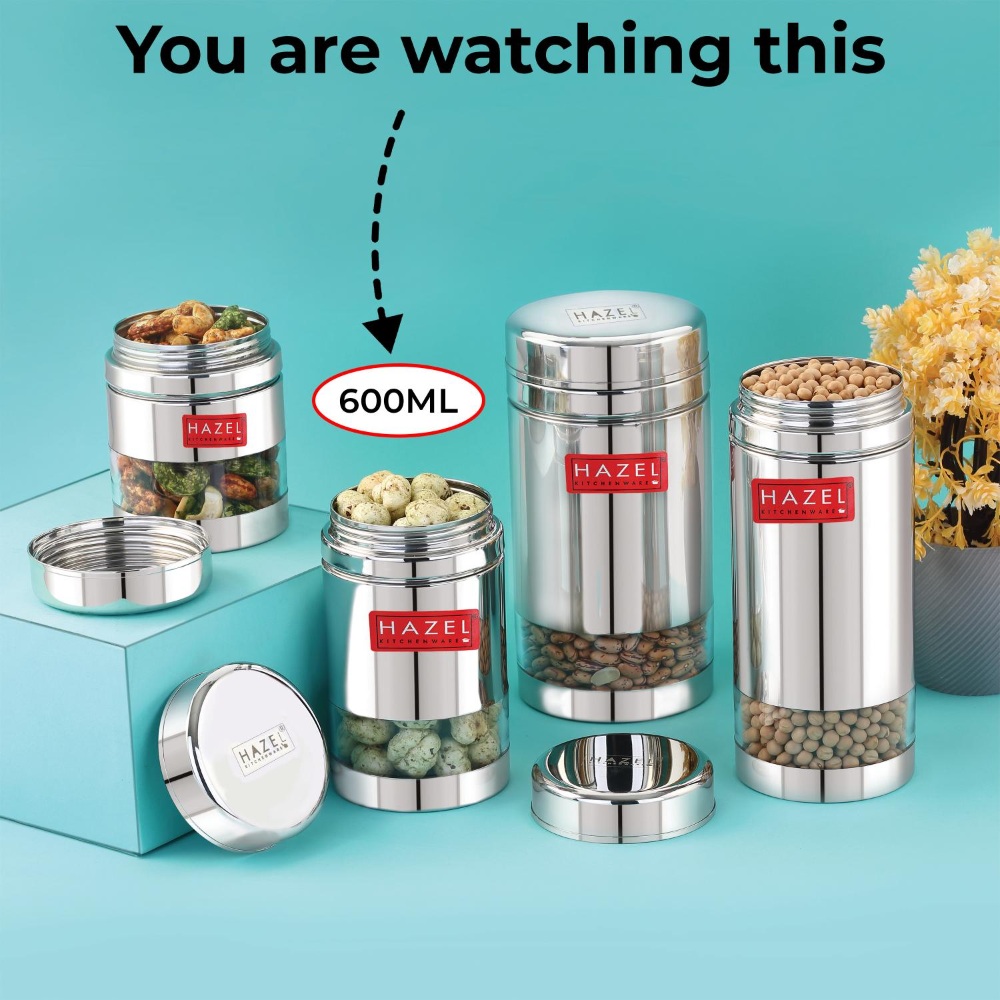 HAZEL Stainless Steel See Through Transparent Container | Kitchen Air Tight Storage Dabba Containers Set of 2, 600 ML