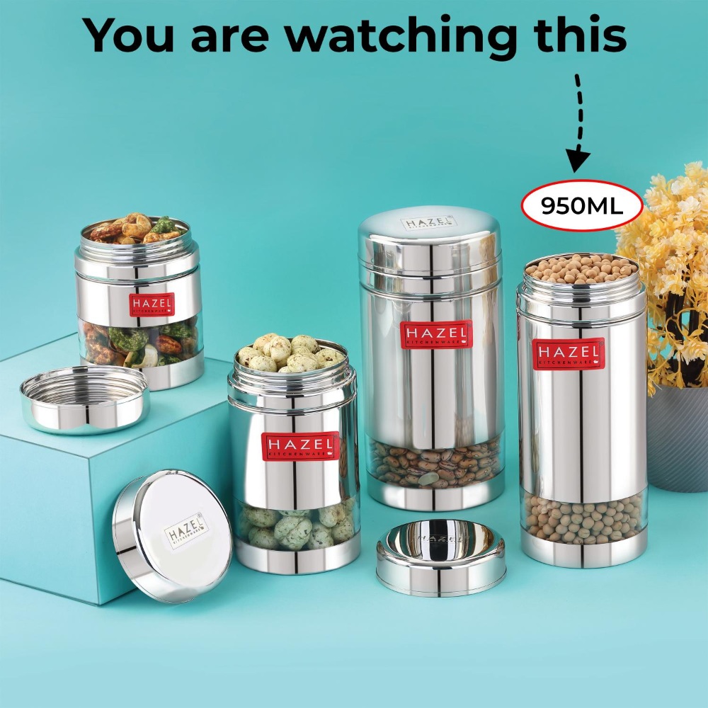 HAZEL Stainless Steel See Through Transparent Container | Kitchen Air Tight Storage Dabba Containers Set of 2, 950 ML