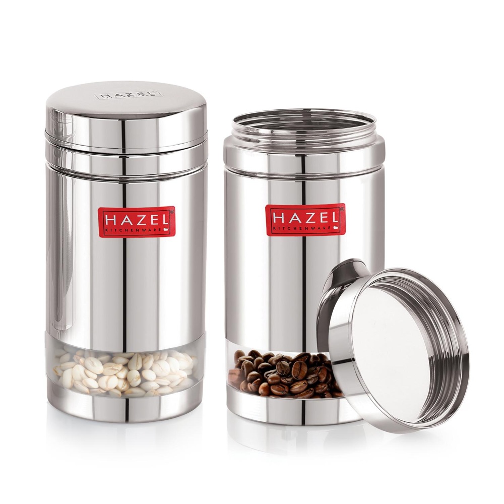 HAZEL Stainless Steel See Through Transparent Container | Kitchen Air Tight Storage Dabba Containers Set of 2, 1200 ML