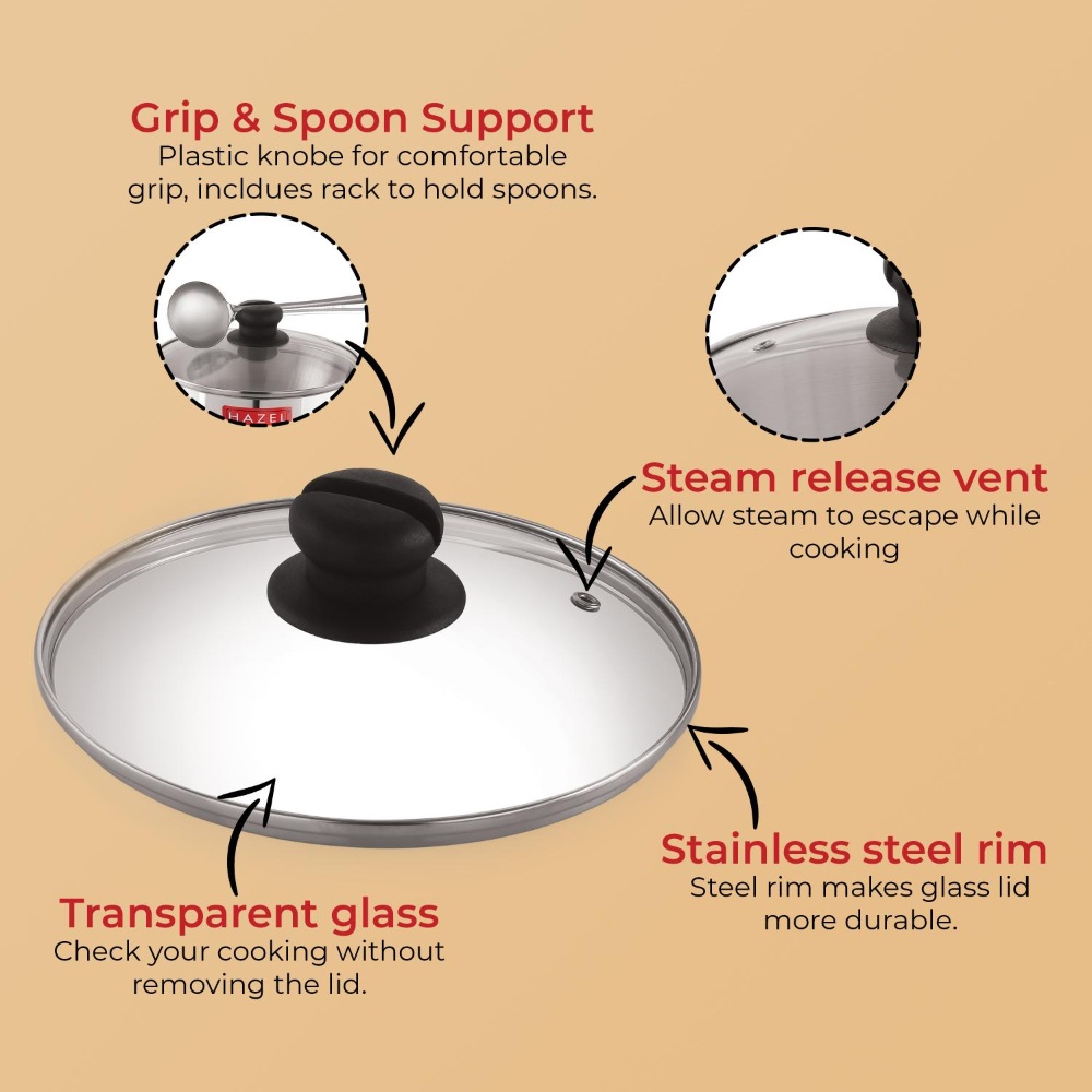 HAZEL Glass Cookware Lid With Knob and Built In Steam Vents, 24.5 cm
