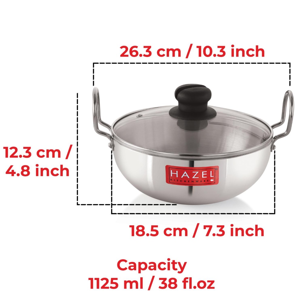 HAZEL 4 mm Aluminium Kadhai Kadai with Glass Lid | Vessels for Cooking Deep Frying Kadai, 1125 ML
