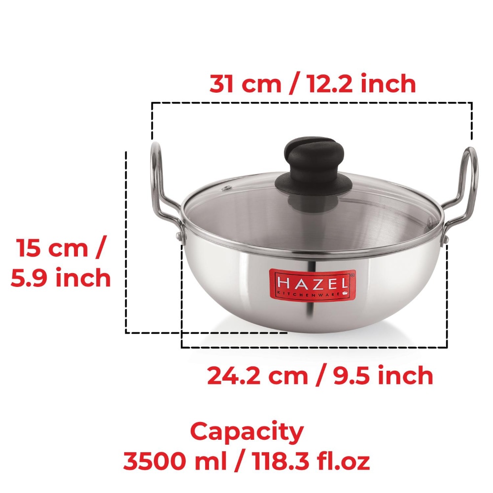 HAZEL 4 mm Aluminium Kadhai Kadai with Glass Lid | Vessels for Cooking Deep Frying Kadai, 3500 ML