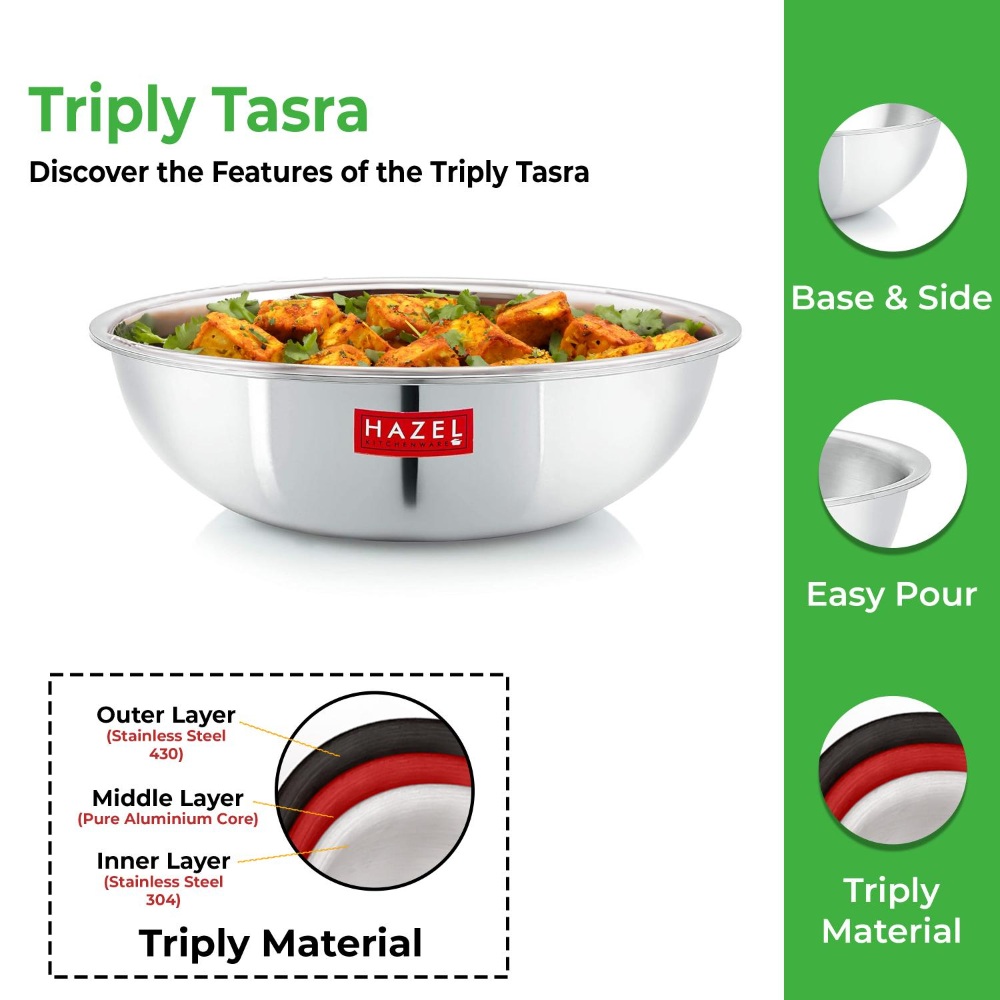 HAZEL Triply Stainless Steel Induction Bottom Tasra Tasla, 5 Litre, 32.1 cm
