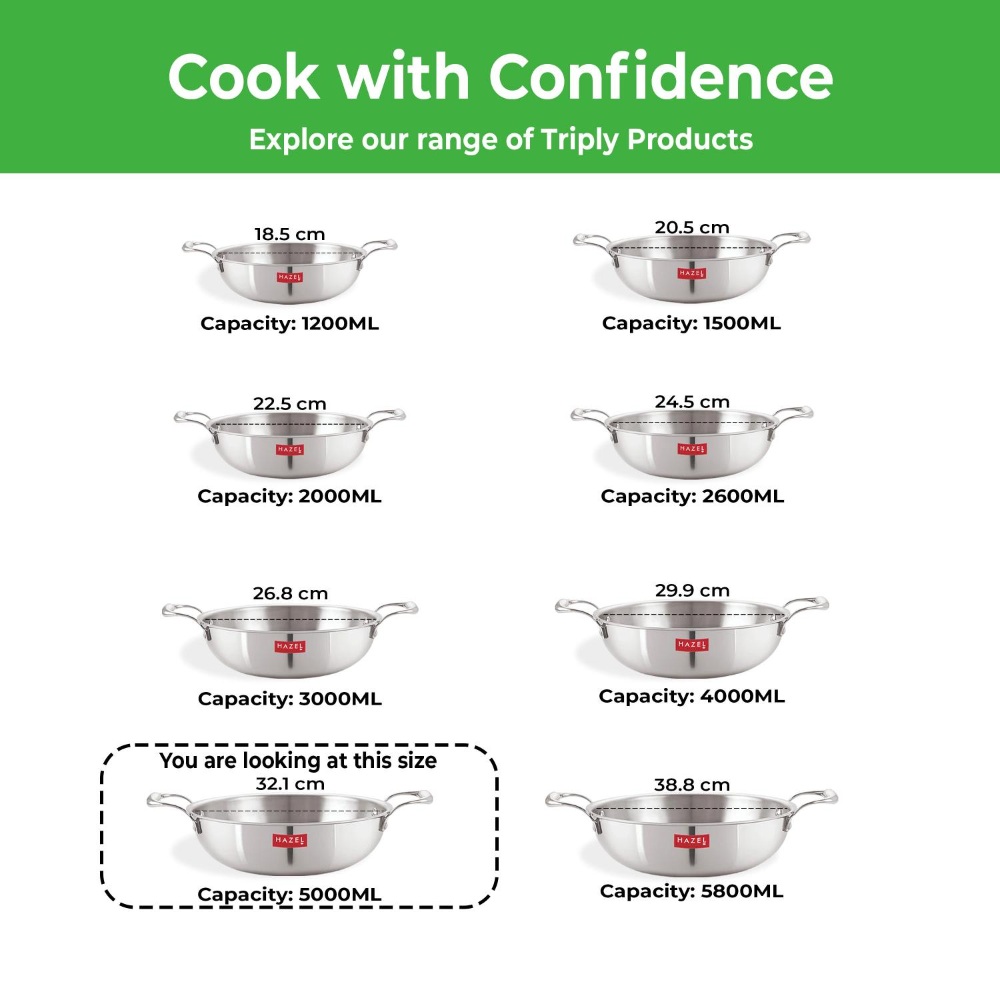HAZEL Triply Stainless Steel Induction Bottom Kadhai Karahi Kadai, 5 Litre, 31.9 cm