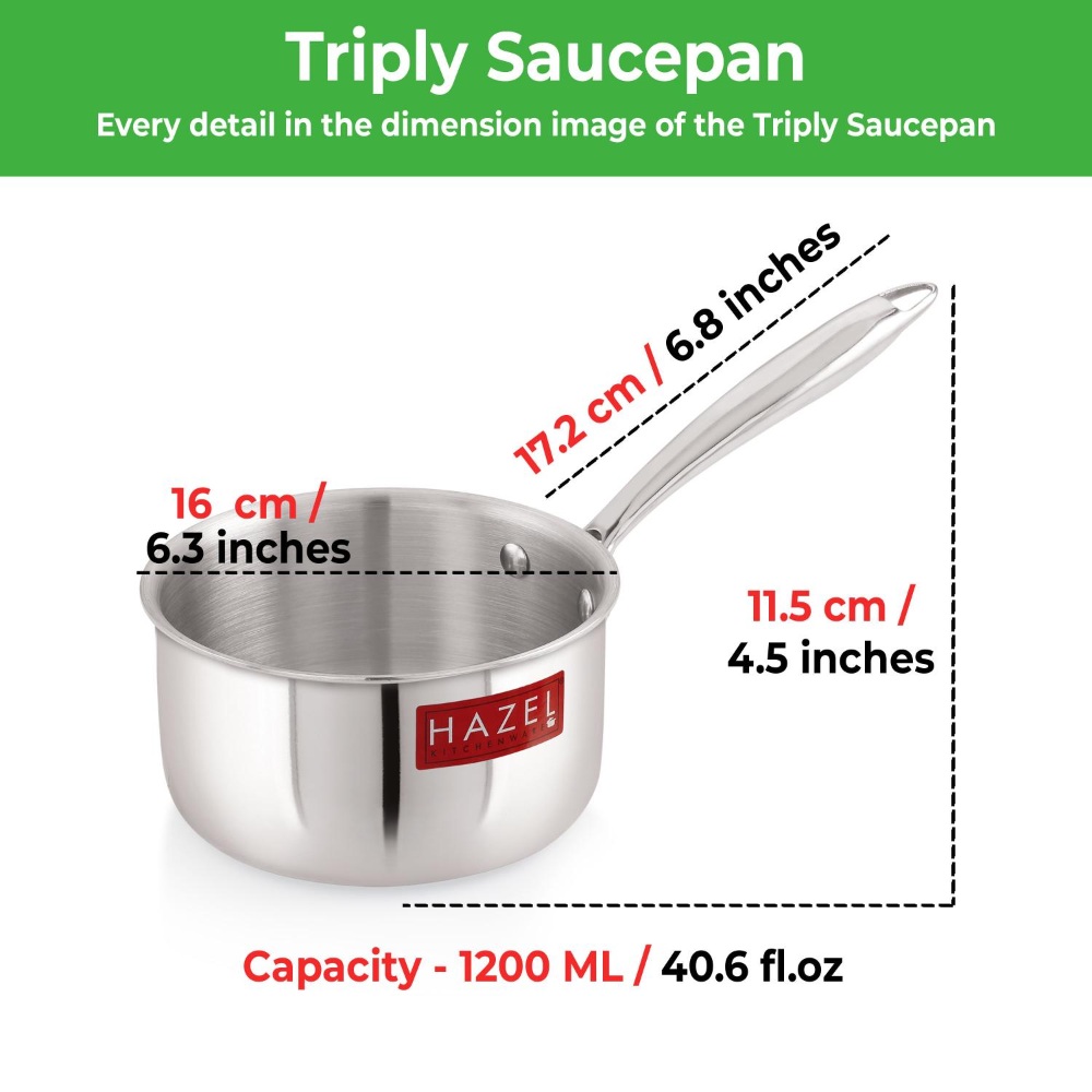 HAZEL Triply Stainless Steel Induction Bottom Saucepan Milkpan, 1.2 Litre, 16 cm