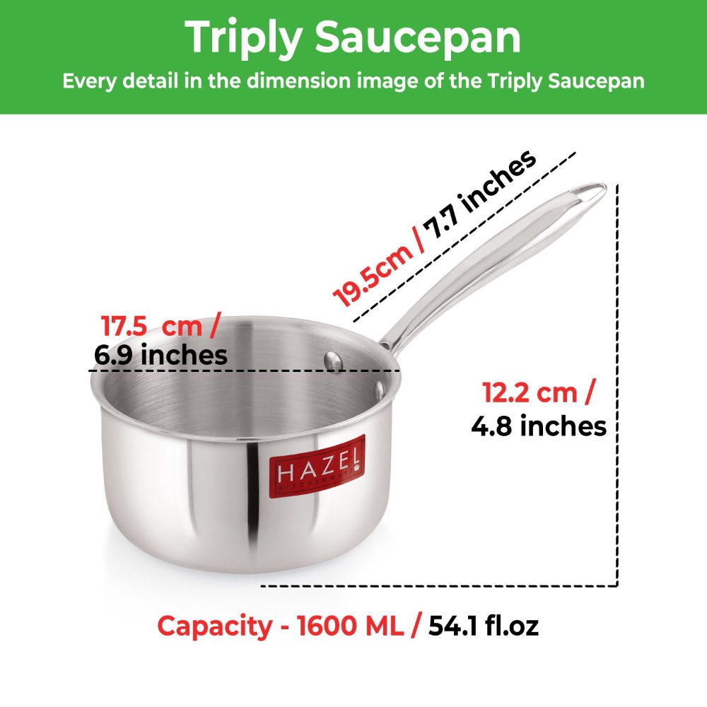 HAZEL Triply Stainless Steel Induction Bottom Saucepan Milkpan, 1.6 Litre, 17.5 cm