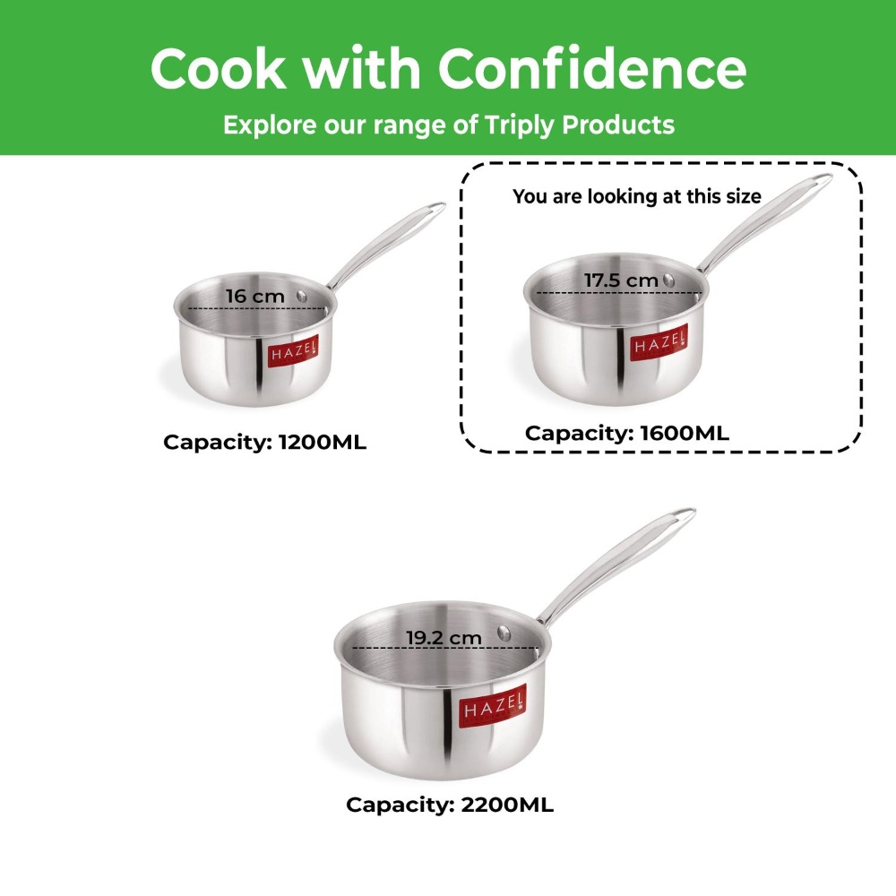 HAZEL Triply Stainless Steel Induction Bottom Saucepan Milkpan, 1.6 Litre, 17.5 cm