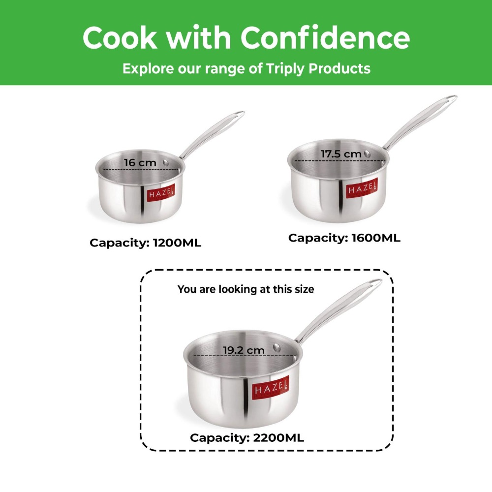 HAZEL Triply Stainless Steel Induction Bottom Saucepan Milkpan, 2.2 Litre, 19.2 cm
