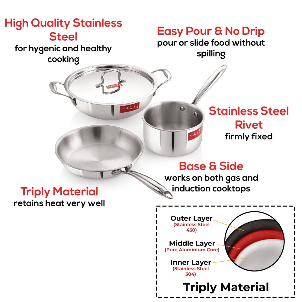 HAZEL Triply Stainless Steel Induction Bottom Fry Pan 1.5 Litre, Kadhai 3 Litre and Sauce Pan With Stainless Steel Lid