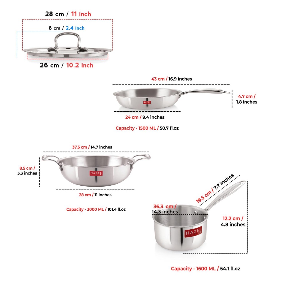 HAZEL Triply Stainless Steel Induction Bottom Fry Pan 1.5 Litre, Kadhai 3 Litre and Sauce Pan With Stainless Steel Lid