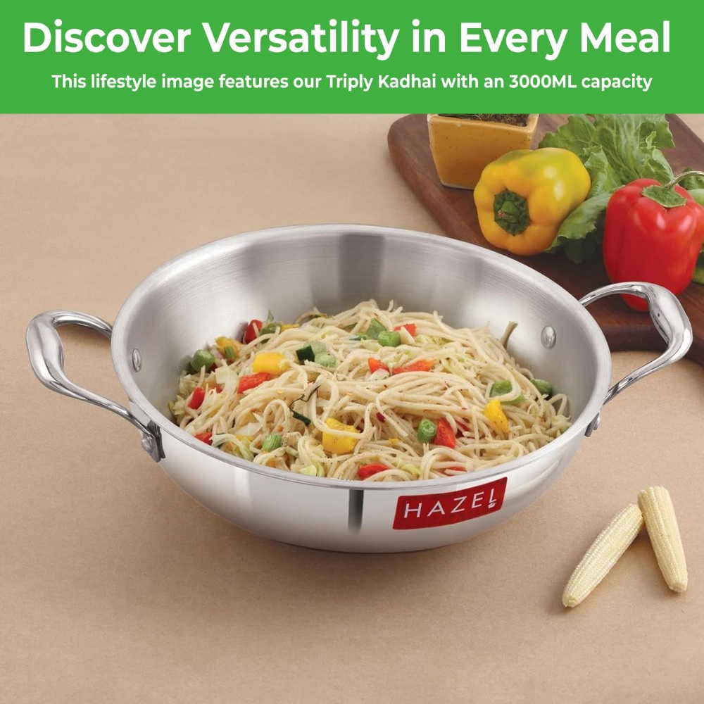 HAZEL Triply Stainless Steel Induction Bottom Kadhai Karahi Kadai, 5.8 Litre, 33.8 cm