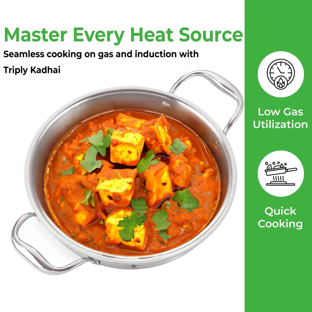 HAZEL Triply Stainless Steel Induction Bottom Kadhai Karahi Kadai, 5.8 Litre, 33.8 cm
