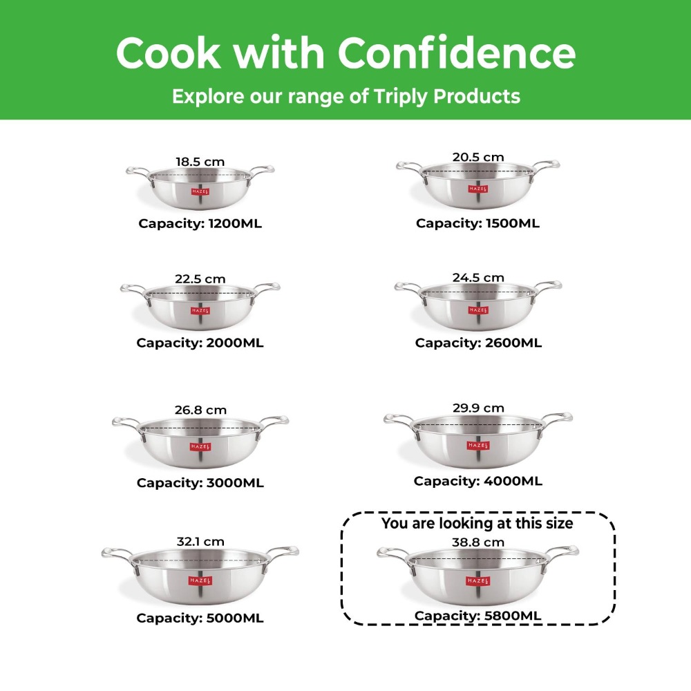 HAZEL Triply Stainless Steel Induction Bottom Kadhai Karahi Kadai, 5.8 Litre, 33.8 cm