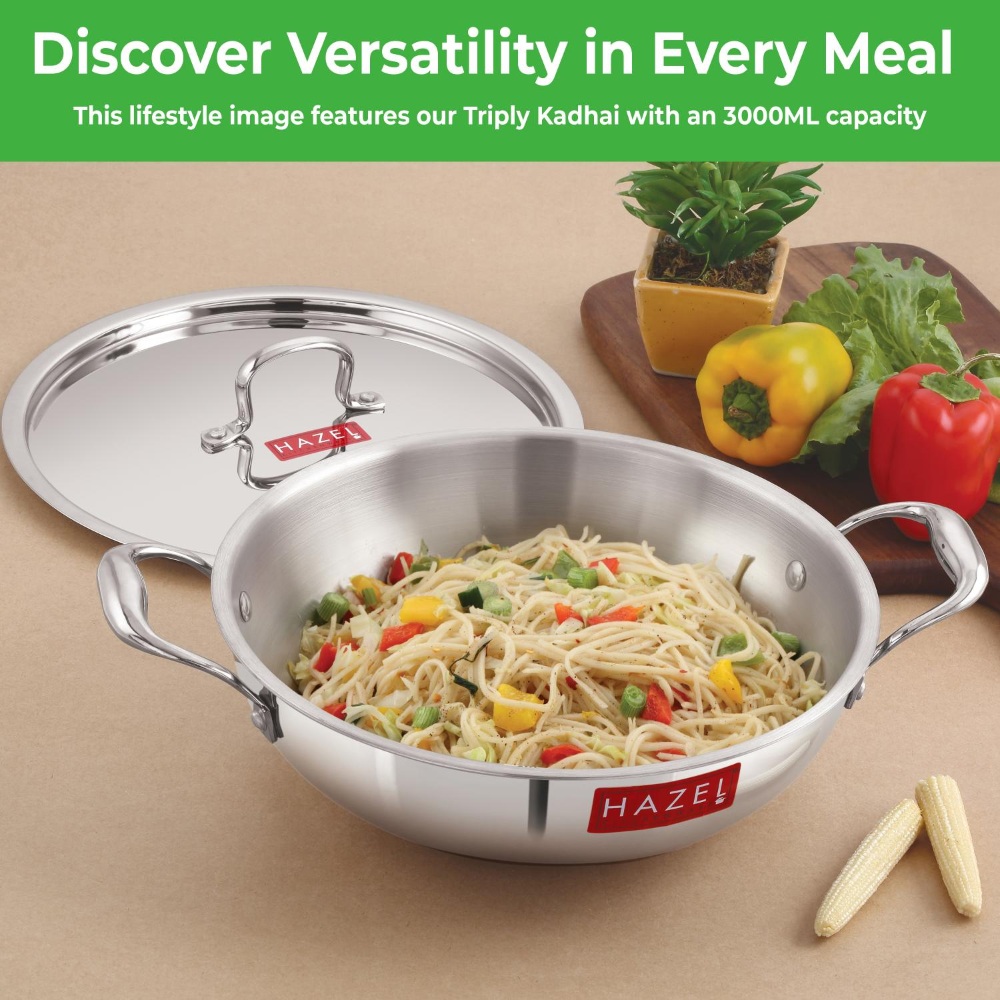 HAZEL Triply Stainless Steel Induction Bottom Kadhai Karahi Kadai With Steel Lid, 4 Litre, 29.9 cm