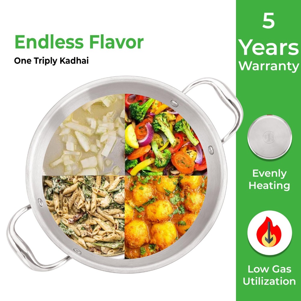 HAZEL Triply Stainless Steel Induction Bottom Kadhai Karahi Kadai With Steel Lid, 4 Litre, 29.9 cm