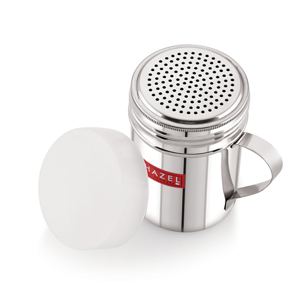 HAZEL Stainless Steel Powder Shaker with Handle And Plastic Lid Cap|Dredger with Handle |Salt And Pepper Cellar Cocoa Chocolate Powder Shaker , 310 ml, Set of 2, Silver