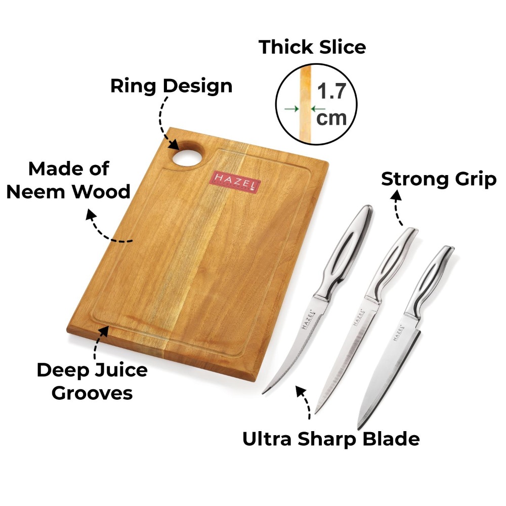 HAZEL Stainless Steel Sharp Kitchen knife Set of 4|Chef, Paring, Tomato Knife & Rect Chopping Board