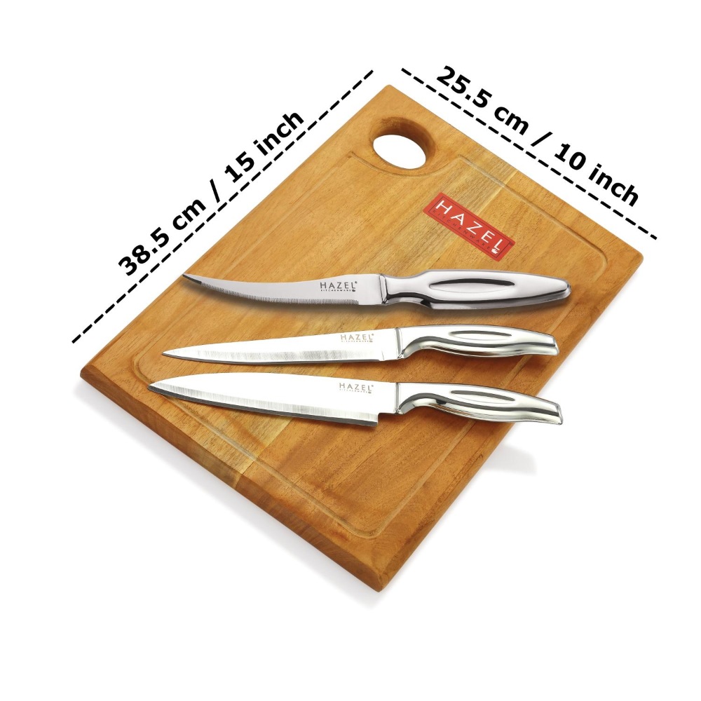 HAZEL Stainless Steel Sharp Kitchen knife Set of 4|Chef, Paring, Tomato Knife & Rect Chopping Board