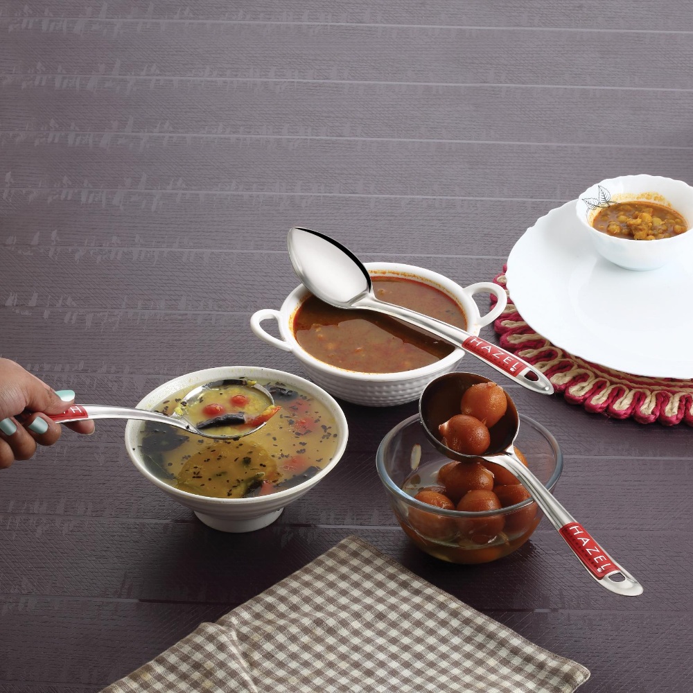 HAZEL Stainless Steel Kitchen Tools Spoon Set of 3 (Ladle, Oval Shape Spoon, Pan Shape Spoon)