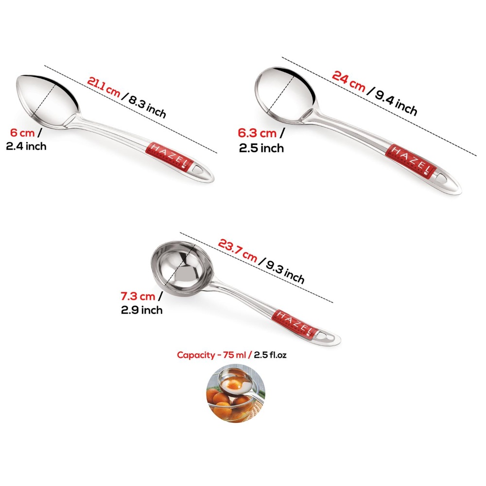 HAZEL Stainless Steel Kitchen Tools Spoon Set of 3 (Ladle, Oval Shape Spoon, Pan Shape Spoon)
