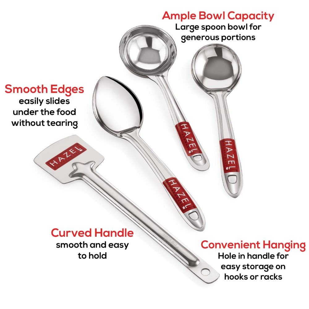 HAZEL Stainless Steel Kitchen Tools Spoon Set of 4 (Tavetha, Ladle, Oval Spoon, Pan Spoon)