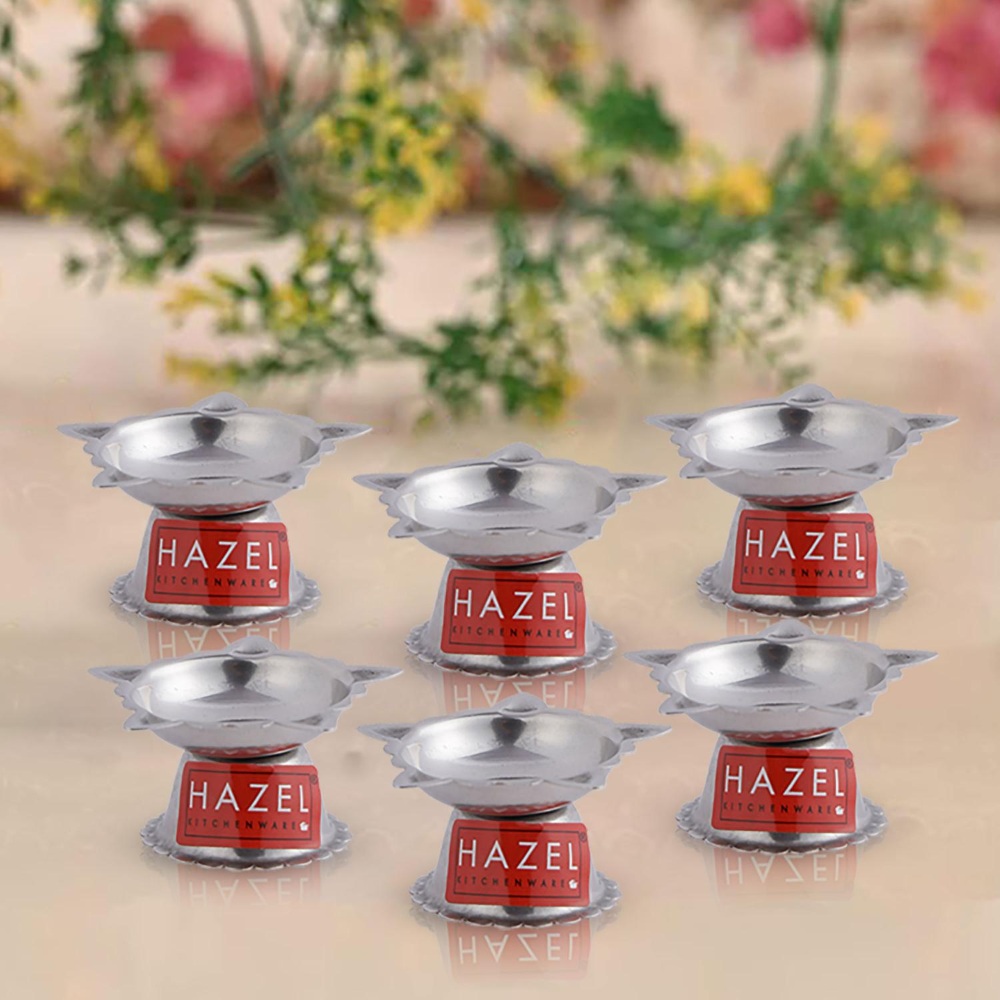 HAZEL Panchwati Diya for Puja | 5 Wati Wicks Oil Lamp Deep For Home Mandir Office Temple Pandol Pujan | Stainless Steel Diva Table Deepak For Pooja (6 x 3 cm), Set of 6