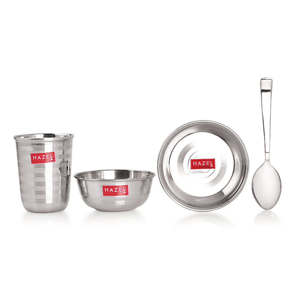 HAZEL Stainless Steel Dinner Set Of 30 | Dinner Set Steel (5 Steel Plate, 10 Serving Bowl, 5 Spoon Set, 5 Dessert Plate, 5 Steel Glass) 30 Pieces, Silver