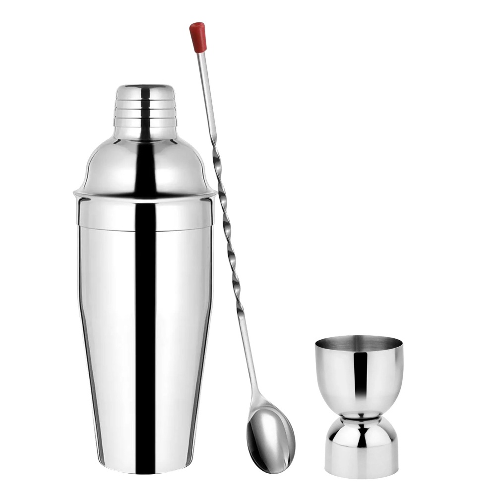 HAZEL Round Peg Cup, Cocktail Shaker, Bar Spoon With Red Knob, Set Of 3